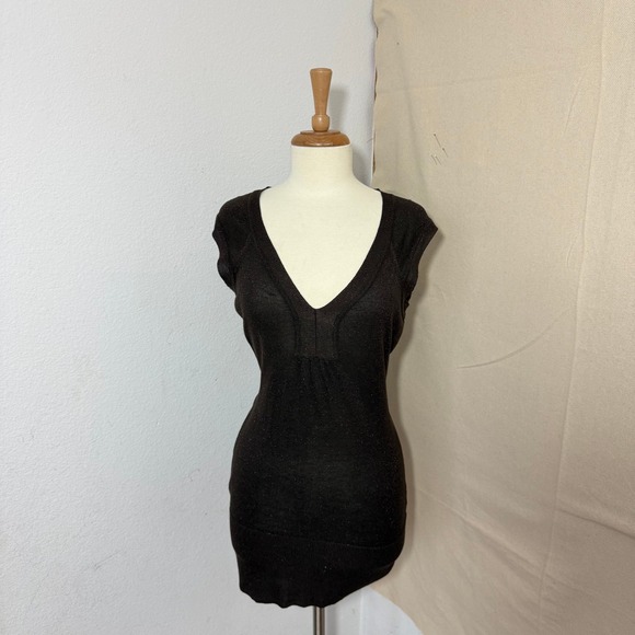 Seven7 Tops - Seven7 Studio Womens Brown Metallic Knit V-Neck Cap Sleeve Tunic Top Large